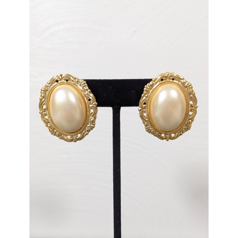Vintage Faux Pearl Cabochon Ornate Oval Drop Earrings Gold Tone Statement